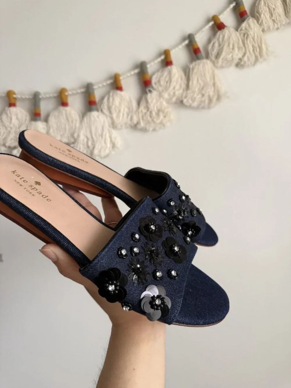 Kate Spade Alice Denim Sequin Flowers Slide Sandals Blue Glam Feminine Coquette